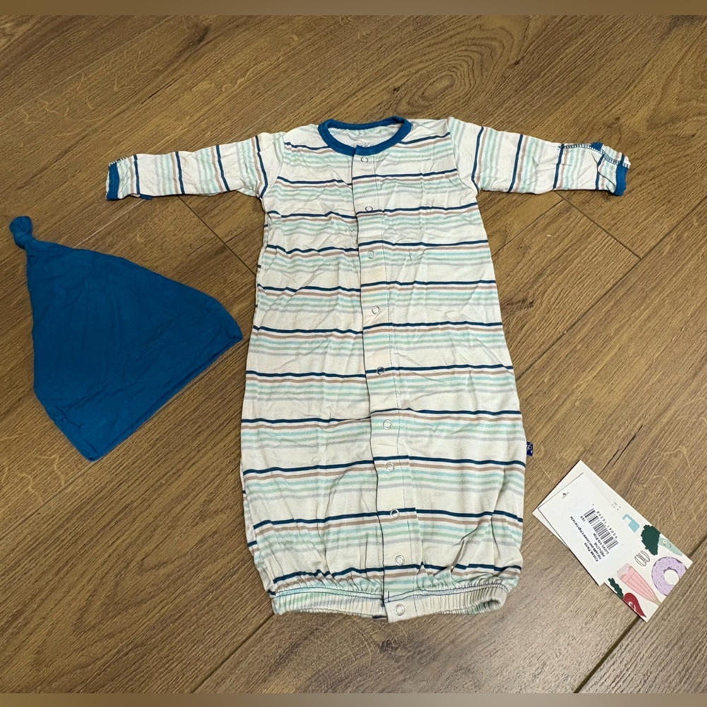 Kickee Pants NWT Converter Sleep Gown With Knot Hat Blue Stripes 3-6M Bamboo